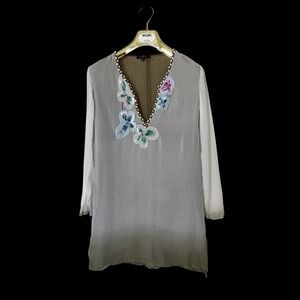 Etro Floral Embroidered Midi Length Silk Dress Sz 46 Distressed